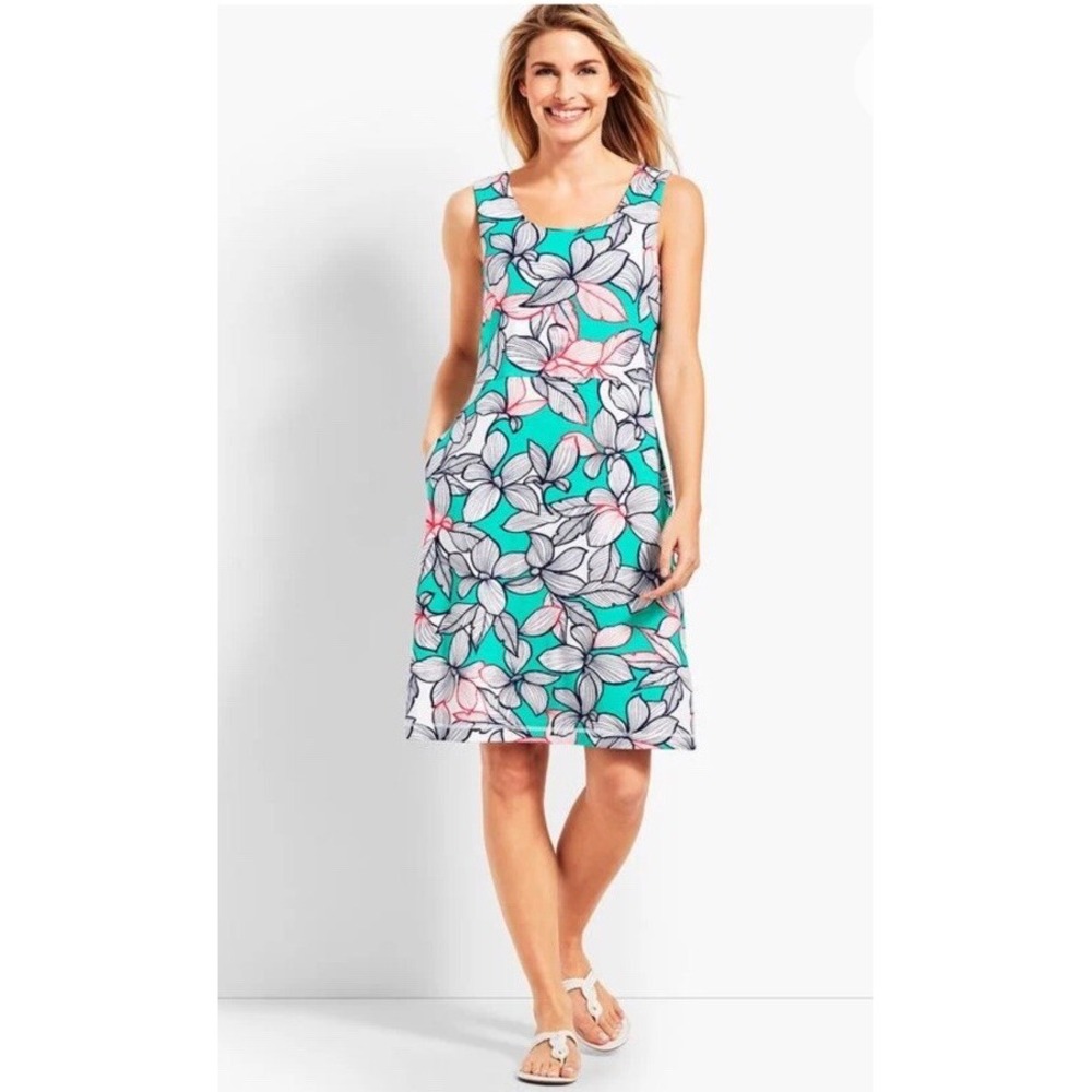 T by Talbots Womens Petite Teal Floral Knit Sleeveless Pocket Dress P VN4900 - Picture 2 of 8